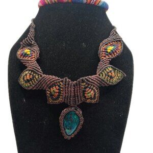 Unisex Necklace Woven in Macramé Thread and Natural Turquoise Stone